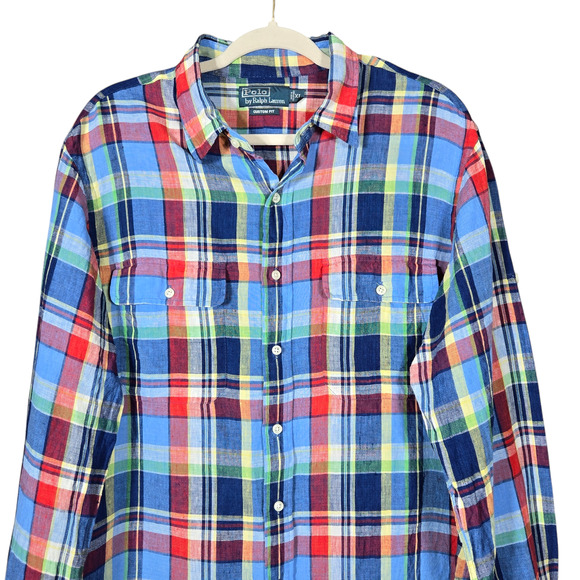 Ralph Lauren Polo Linen Shirt Mens Extra Large Custom Fit Button Up Multi Plaid - Picture 2 of 12